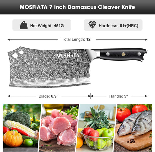 MOSFiATA 7'Nakiri Knife Damascus Professional Sharpe Chef Knife， Kitchen Knifed Damascus Steel VG-10 Blade with Ergonomic Handle Sharpener