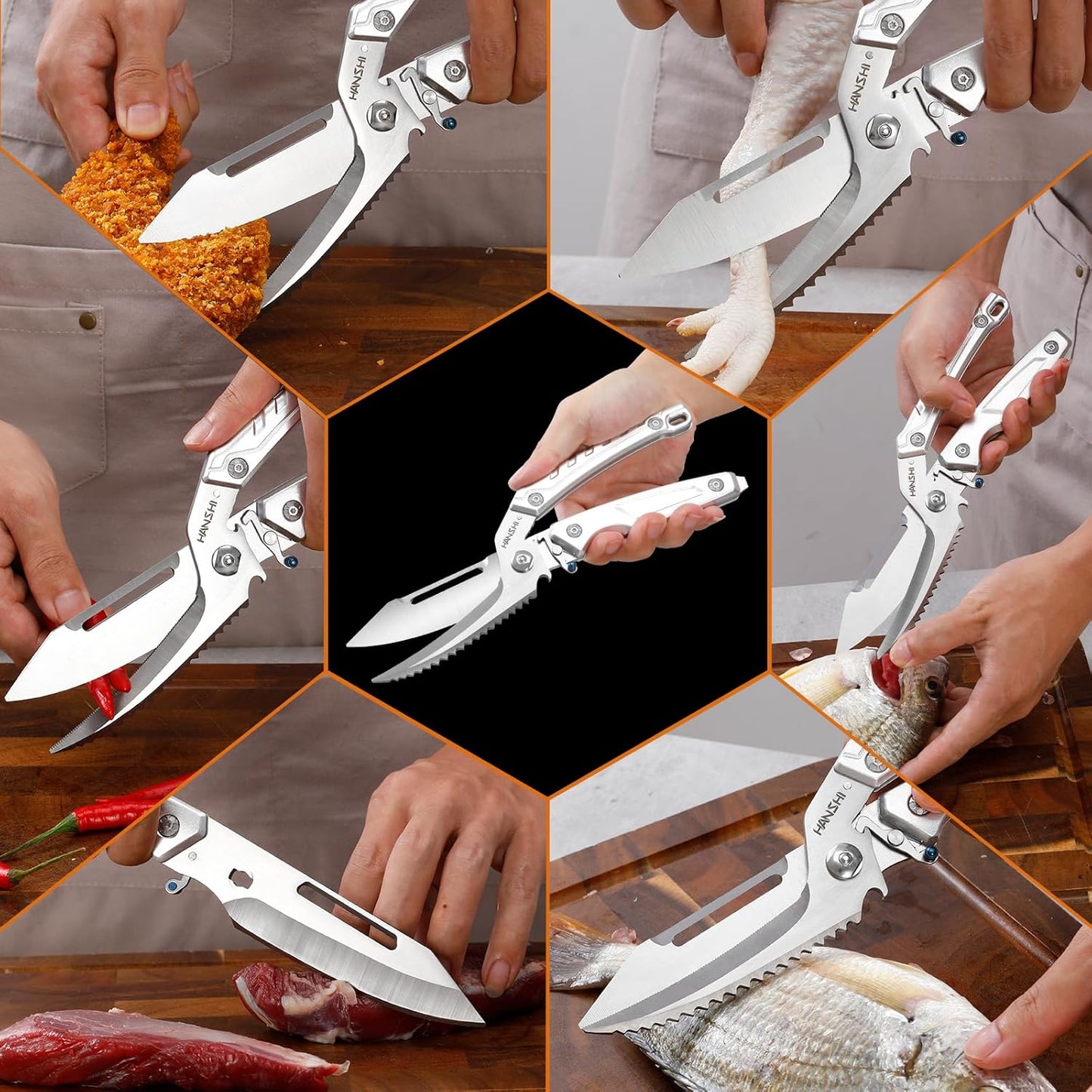HANSHI Detachable Poultry Shears for Food Cutting Heavy Duty Stainless Steel Kitchen Scissors for Chicken, Bone, Meat, Turkey, Fish,Multi Purpose Scissor for Cooking (Silver)