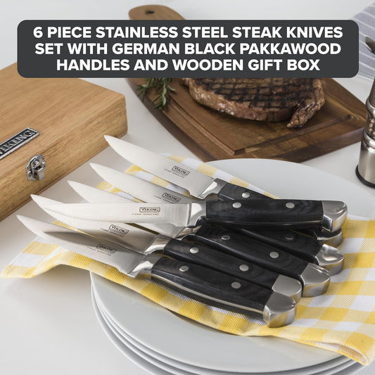 Viking Steak Knife Set, 6-Piece German Stainless Steel Knives with Pakkawood Handles and Wooden Box, Hand Wash Only, Red