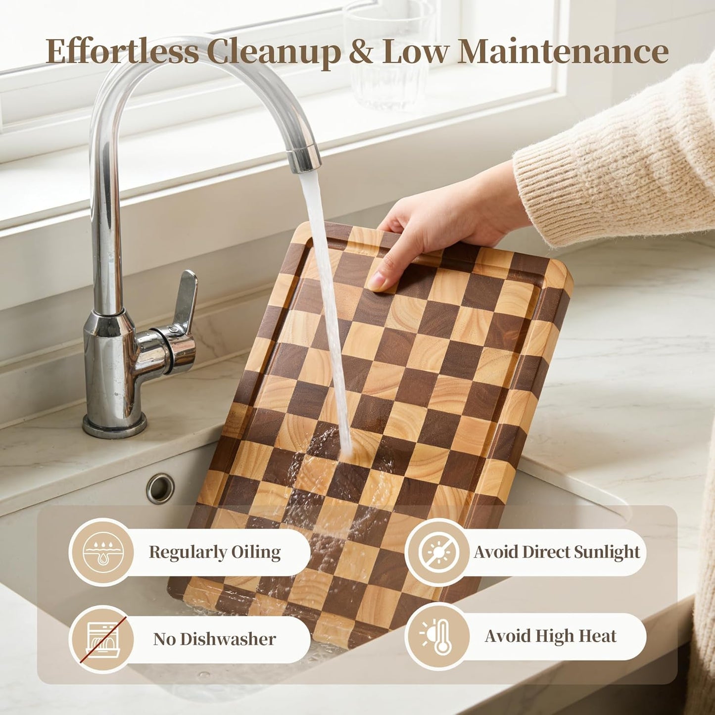 Checkered Cutting Board for Kitchen - Solid Wood End Grain Checkerboard Chopping Board with Handle & Juice Groove, Double Sided for Cooking, Serving and Decor, Rectangular 16" x 12" x 1"