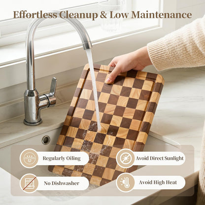 Checkered Cutting Board for Kitchen - Solid Wood End Grain Checkerboard Chopping Board with Handle & Juice Groove, Double Sided for Cooking, Serving and Decor, Rectangular 16" x 12" x 1"