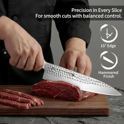 8 Inch Japanese Chef Knife, Made in Japan, Full Tang High Carbon Molybdenum Stainless Steel Gyuto Knife with Hammered Finish for Rock Chopping Meat, Fish and Vegetables