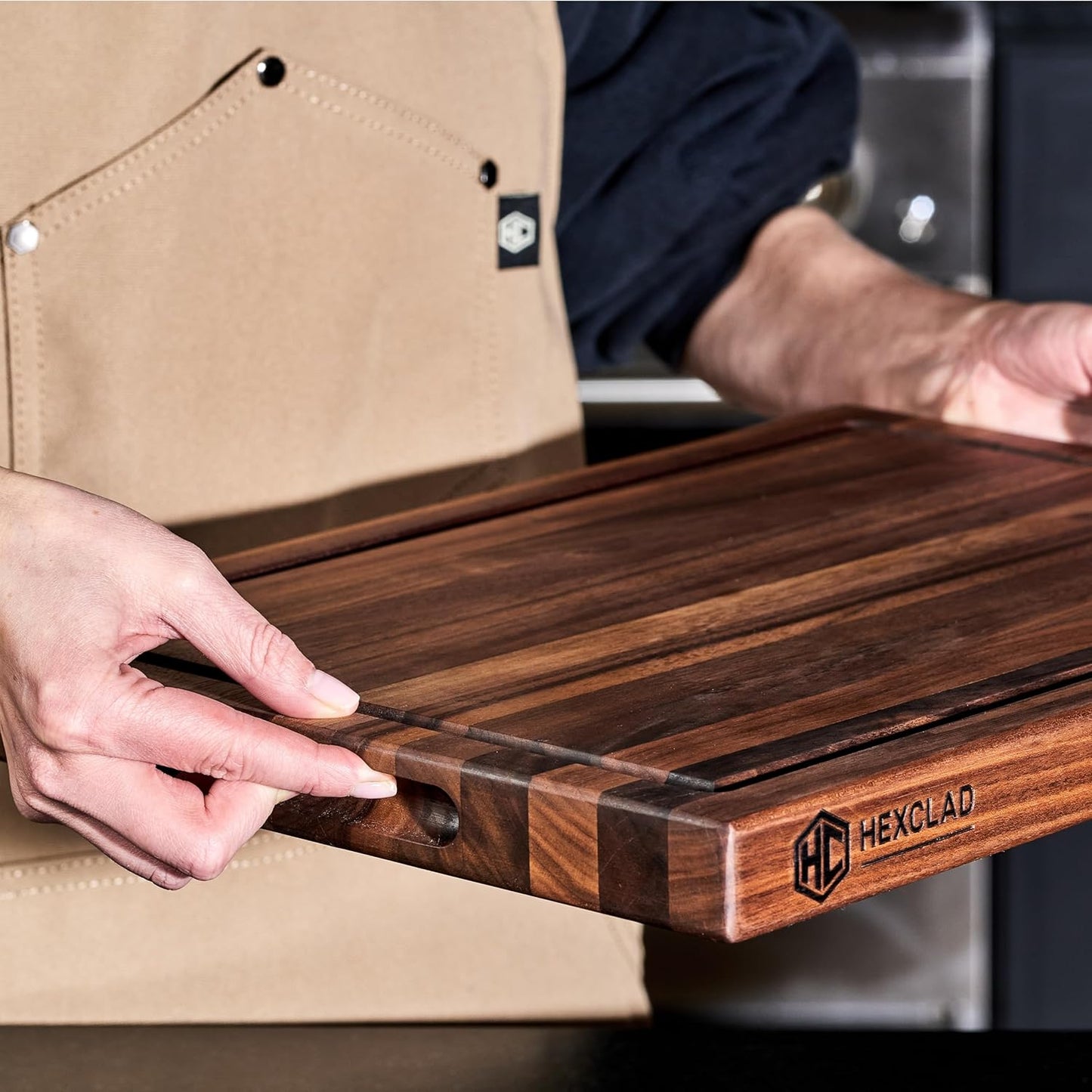 HexClad Medium Walnut Cutting Board, Double-Sided with Juice Groove & Recessed Handles, Durable, Scratch-Resistant Hardwood, Great for Chopping, Carving & Serving, 11.75"x15.75"