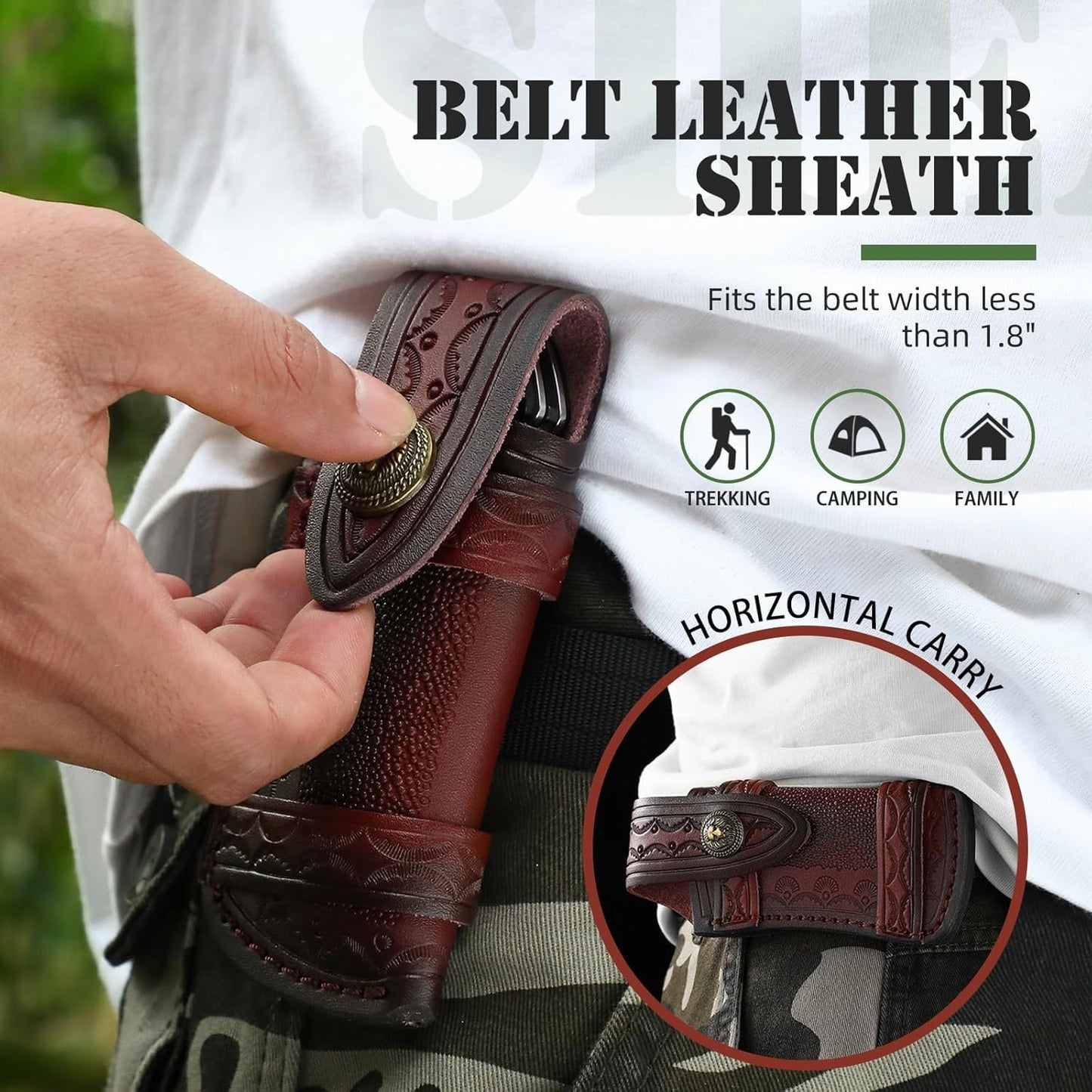 Omesio Pocket Knife Sheath, 4.53" Folding Leather Case, Horizontal Belt Sheath