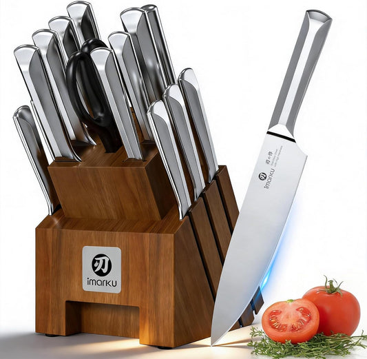 imarku Knife Kitchen Sets, Japanese Stainless Steel 14 Pcs Knife Block Set,Chef Knives with Built-in Sharpener, Dishwasher Safe, Non-Slip Ergonomic Handle,Deba Knife for Fish, Essential Home Gift