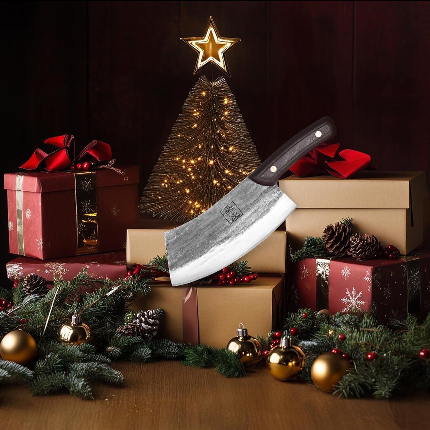 COOLINA Daozi 8" Butcher Knife, Hand-Forged High-Carbon Steel Cleaver for Heavy-Duty Meat Cutting, Slicing, Chopping, Brisket & BBQ, Full-Tang Forged Blade with Ergonomic Wood Handle