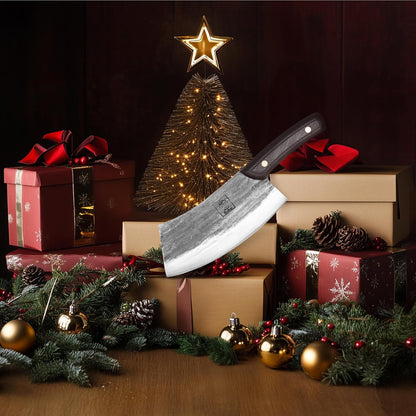 COOLINA Daozi 8" Butcher Knife, Hand-Forged High-Carbon Steel Cleaver for Heavy-Duty Meat Cutting, Slicing, Chopping, Brisket & BBQ, Full-Tang Forged Blade with Ergonomic Wood Handle