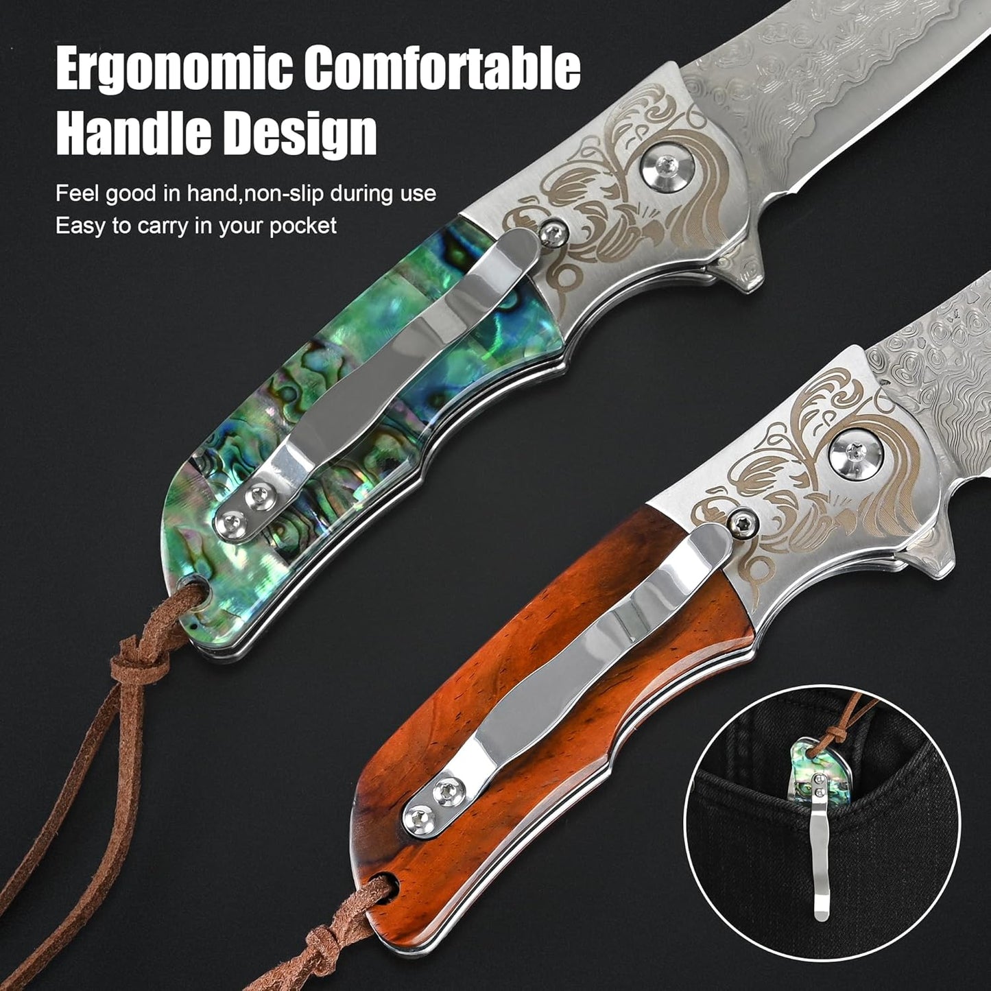 Damascus Pocket Knife with Sheath,3.54" Sharp Damascus Steel Blade Abalone Seashells Handle EDC Pocket Knives & Folding Knives for Outdoor Camping, Ideal Gifts for Men Women