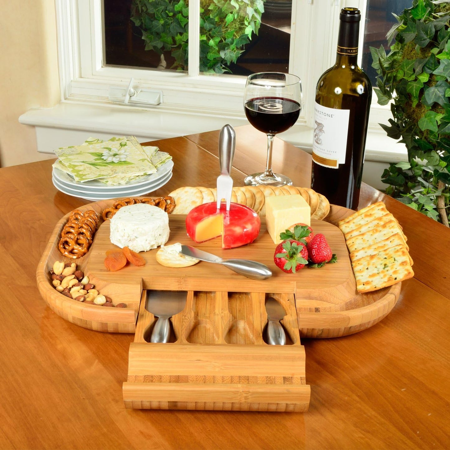 Picnic at Ascot -The "Original" Malvern Deluxe Bamboo Cheese Board with Cracker Groove & Integrated Drawer with Stainless Steel Cheese Knife Set - Designed & Quality Assured in the USA