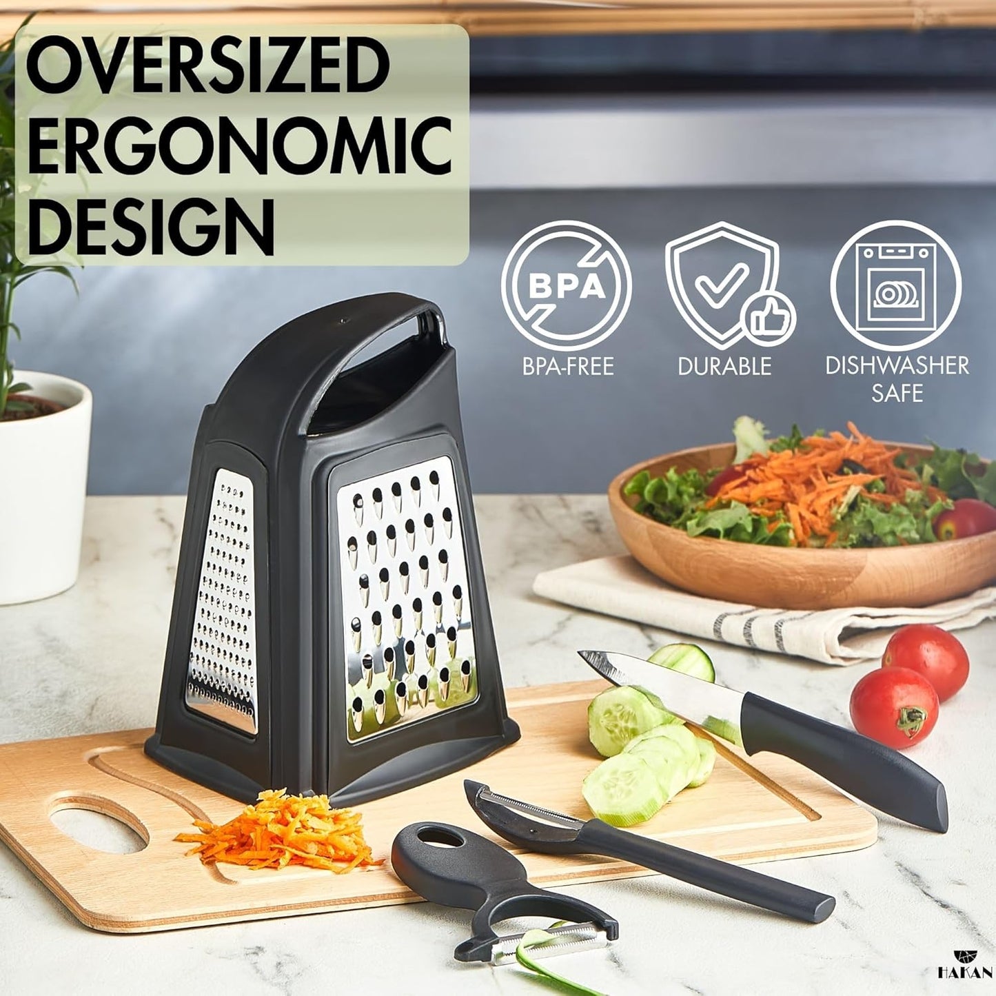 Hakan Grater, Chop and Peel Set | Handheld 3-Sided Grater with Multiple Shred Sizes, Y-Shaped Vegetable Peeler, I-Shaped Food Slicer & Spear Knife | Stainless Steel Kitchen Tools | Black, 4 Pcs