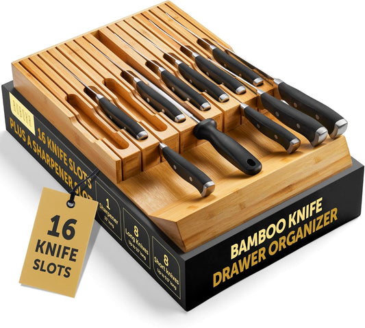 High-Grade 100% Bamboo Knife Drawer Organizer - 12 Slots Plus Sharpener, Secure, Practical, Eco-Friendly Knife Block