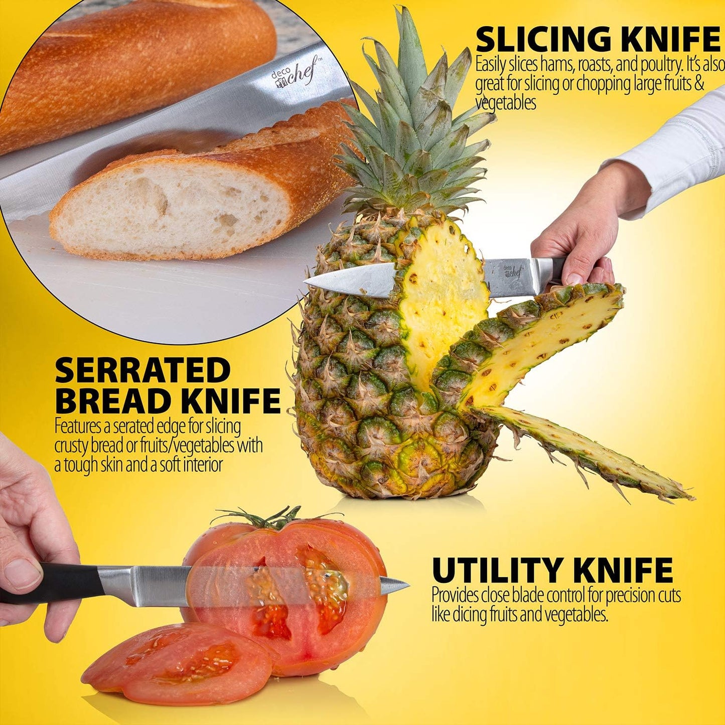 Deco Chef 16 Piece Kitchen Knife Set Stainless Steel with Wood Handles, 8" Chef, 6.5" Cleaver, 8" Bread, 8" Slicing, 4.5" Paring, 6pcs Steak Knives, Kitchen Shears, and more