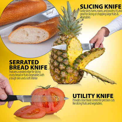 Deco Chef 16 Piece Kitchen Knife Set Stainless Steel with Wood Handles, 8" Chef, 6.5" Cleaver, 8" Bread, 8" Slicing, 4.5" Paring, 6pcs Steak Knives, Kitchen Shears, and more