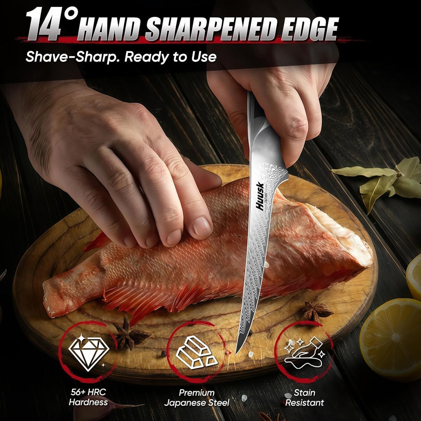 Huusk Fillet Knife for Fish & Meat 7" - Stainless Boning Knife for Meat Cutting & Processing with Sheath, Flexible Fish Filleting Knives for Salmon, Ultra Sharp Deboning Knives, Men's Christmas Gifts
