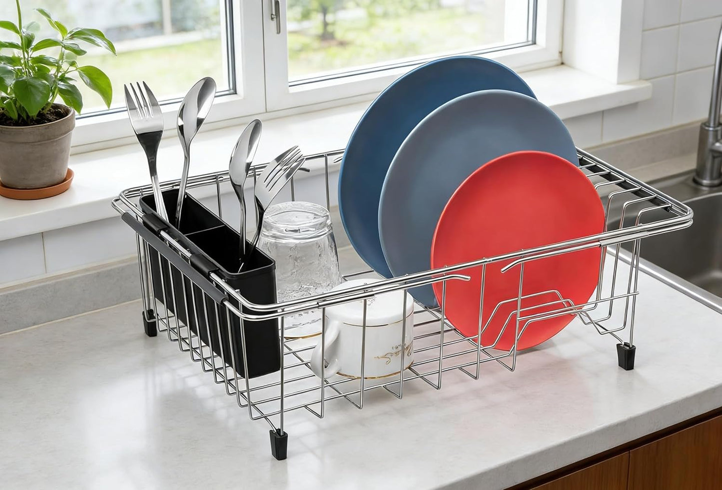 SANNO Dish Rack Utensil Holder, Hanging Cutlery Drainer Caddy with Hooks, 2 Compartment Flatware Organizer for Forks, Spoons, Knives, Fits Over Most Dish Drying Racks, Black