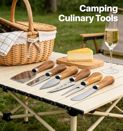 6 Piece Cheese Knives Set with Wooden Handle, Stainless Steel Mini Cheese Knives for Charcuterie & Cheese Spread, Ideal for Cheese Slicing and Butter Cutting (Acacia)