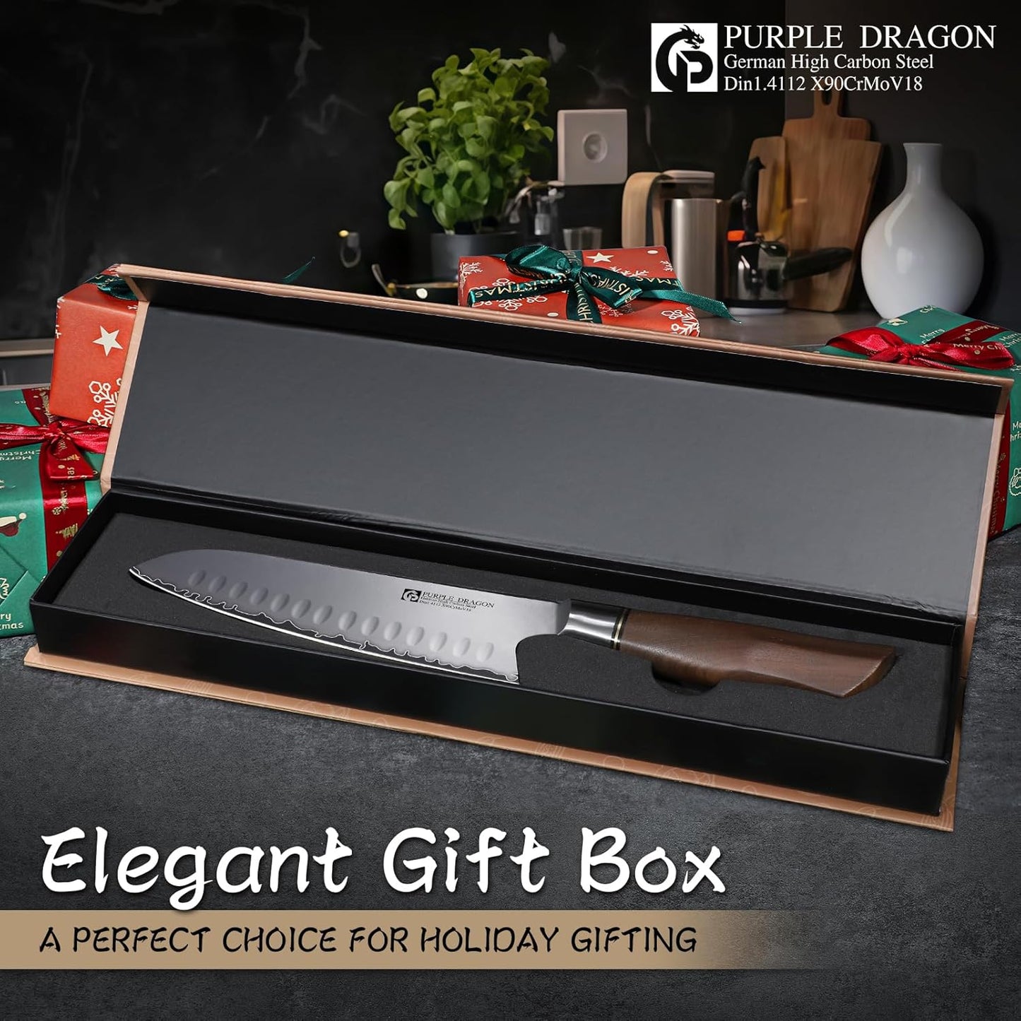 Purple Dragon Santoku Knife 7 Inch Japanese Chef Knife for Chopping Meat Cutting Vegetables, German Vg10 Steel Blade, Ergonomic Wooden Handle Christmas Gift for Men and Women