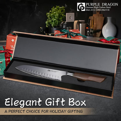 Purple Dragon Santoku Knife 7 Inch Japanese Chef Knife for Chopping Meat Cutting Vegetables, German Vg10 Steel Blade, Ergonomic Wooden Handle Christmas Gift for Men and Women