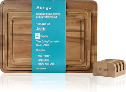 Sango Acacia Cutting Board Set with Juice Grooves and Partitions for Serving, 3-Piece- Wood Chopping Boards, Stackable & Reversible for Kitchen, Non-Toxic, Perfect as Butcher Block Countertop, Atelier