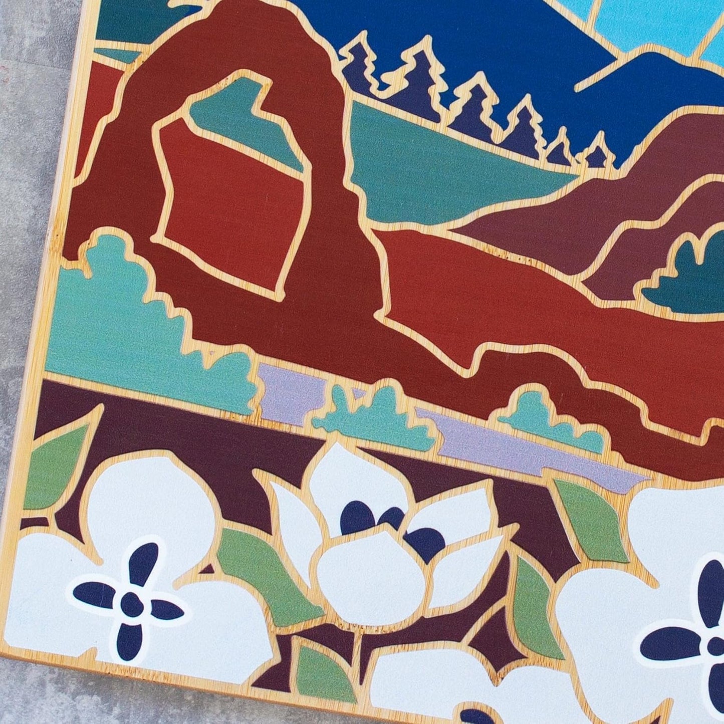 Totally Bamboo North Carolina State Shaped Cutting Board and Charcuterie Serving Platter with Artwork by Summer Stokes, Includes Hang Tie for Wall Display 18" x 8" x 5/8" - Colors A