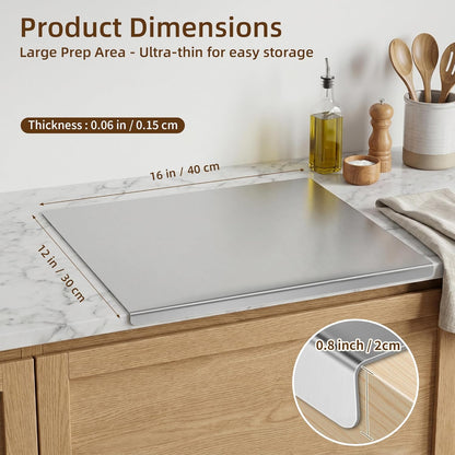 Stainless Steel Cutting Board with Lip, 16 x 12 Inches Kitchen Chopping Board for Countertop, Double-Sided Food-Grade Metal Cutting Board, L-Shaped Edge Chopping Mat for Kitchen Prep & Baking
