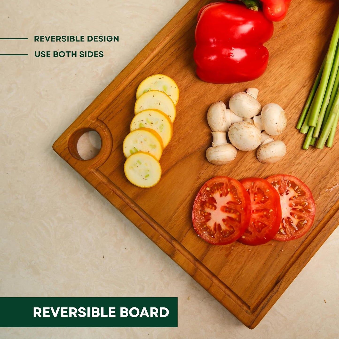 Teak Edge Grain Cutting Board – Premium Handmade Wood Chopping Board with Juice Groove & Handles, Knife-Friendly, Extra Thick Charcuterie – Made in Indonesia - L - 17.7 x 11.8 x 1.2 in