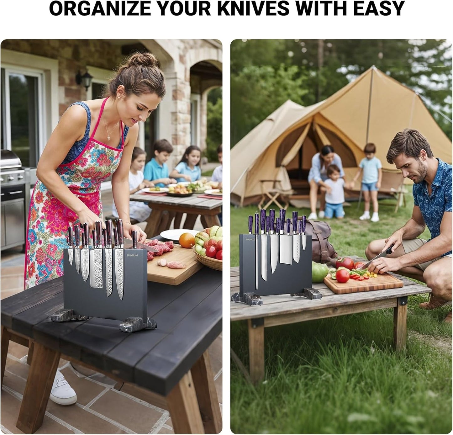 Magnetic Knife Holder, Stainless Steel Magnetic Knife Block without Knives, Strong Double Sided Magnet Knife Storage Strip with Wood Base for Kitchen Counter-Silver