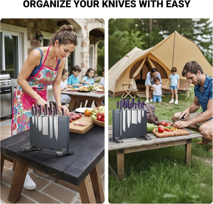 Magnetic Knife Holder, Stainless Steel Magnetic Knife Block without Knives, Strong Double Sided Magnet Knife Storage Strip with Wood Base for Kitchen Counter-Silver