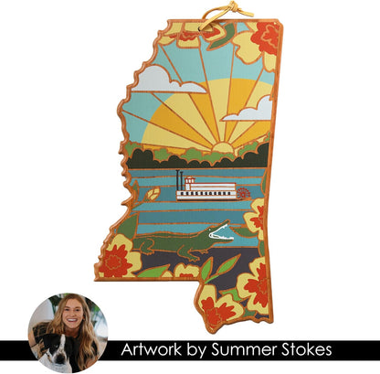 Totally Bamboo North Carolina State Shaped Cutting Board and Charcuterie Serving Platter with Artwork by Summer Stokes, Includes Hang Tie for Wall Display 18" x 8" x 5/8" - Colors A