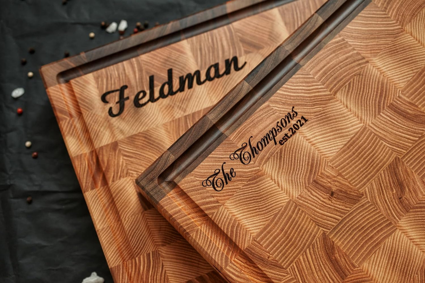 Personalized Walnut and Cherry End Grain Cutting Board, Double -Sided Custom Engraved Wood Chopping Block, Handmade Butcher Block for Kitchen, GrainWoods (13x8x2 Inches)