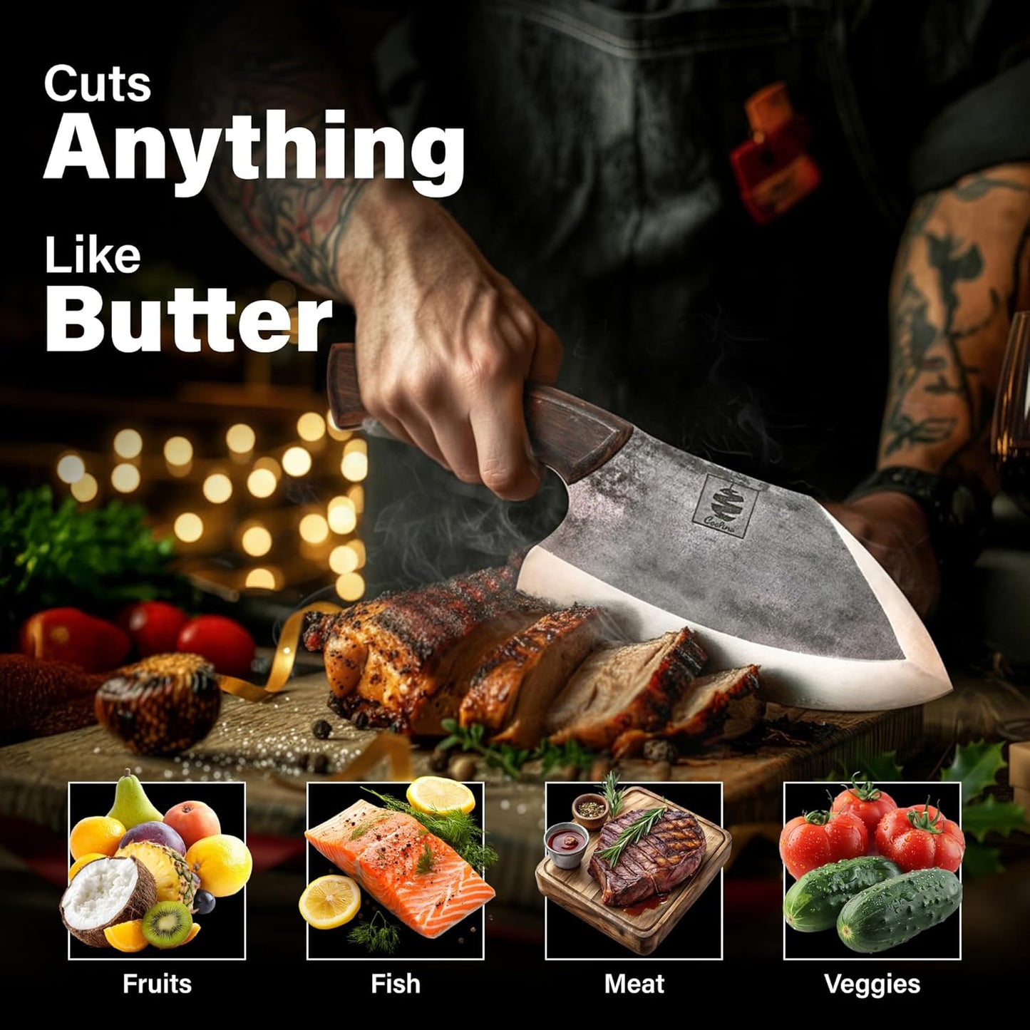 COOLINA Daozi 8" Butcher Knife, Hand-Forged High-Carbon Steel Cleaver for Heavy-Duty Meat Cutting, Slicing, Chopping, Brisket & BBQ, Full-Tang Forged Blade with Ergonomic Wood Handle