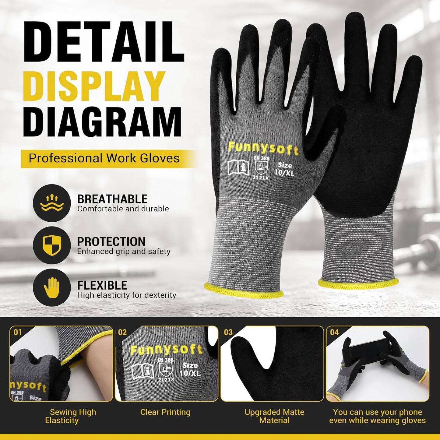 16 Pairs Work Gloves MicroFoam Nitrile Coated Seamless Knit Nylon, Palm & Fingers Cut-Resistant, Warehouse Gloves for Auto Garden Mechanics Outdoor Construction (Brown Cuff,XL)