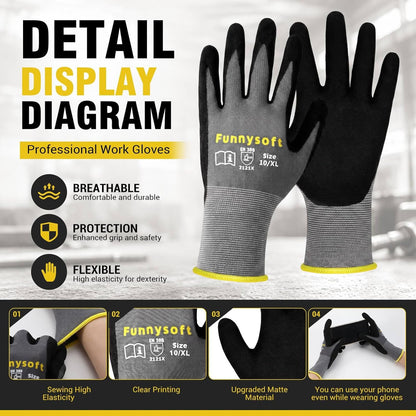 16 Pairs Work Gloves MicroFoam Nitrile Coated Seamless Knit Nylon, Palm & Fingers Cut-Resistant, Warehouse Gloves for Auto Garden Mechanics Outdoor Construction (Brown Cuff,XL)