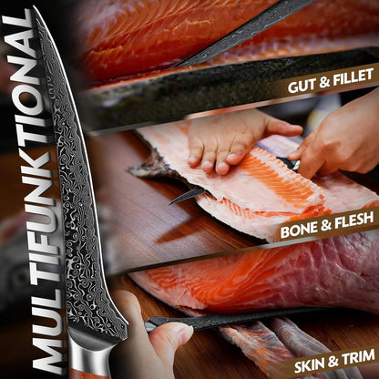 Freelander Damascus Fillet Knife 7", Razor Sharp Boning Knife for Fish, Meat & Poultry, Japanese Filet Knives with Ergonomic Wood Handle, Ideal for Skinning, Deboning & Slicing, Gift Box Included