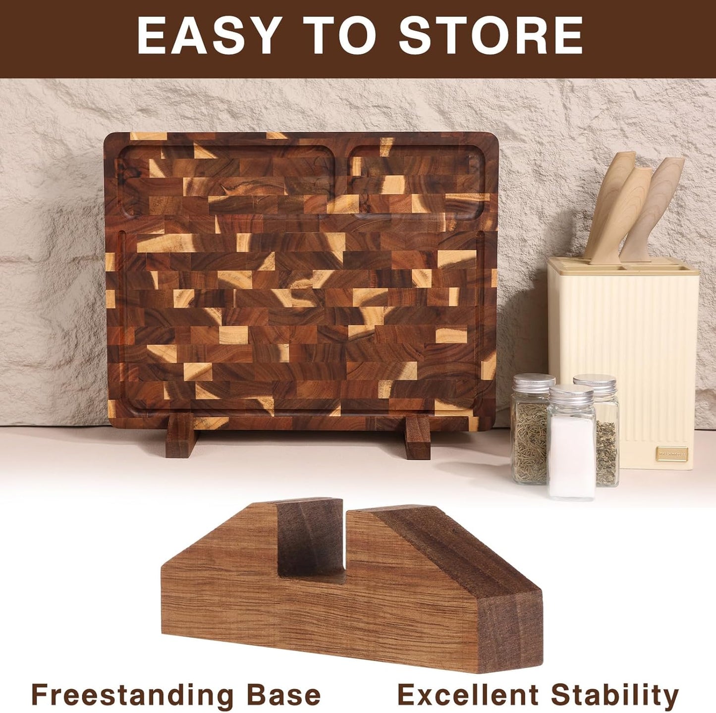 End Grain Cutting Board Double Sided, Walnut Wood Cutting Boards Butcher Block for Kitchen, Wooden Chopping Board with Deep Juice Groove, Handles, Stands & Mineral Oil Kit, 16.8" x 12.9" x 1"