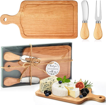 1 Set Bridal Baby Shower Cheese Prizes Wooden Square Board Gift Set Knives Forks Thank You Tags with Box for Guests for Valentines Bridal Baby Shower Housewarming Gifts (Acacia Color)