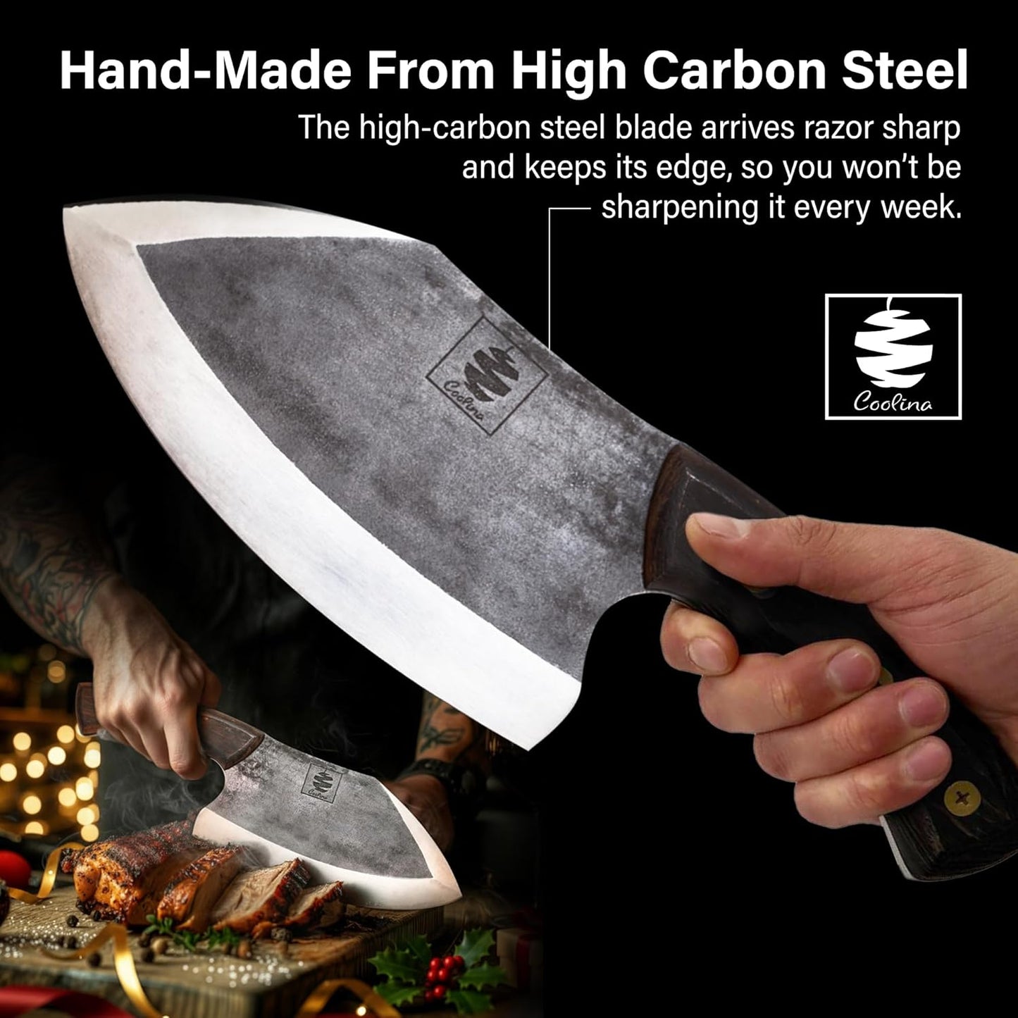 COOLINA Daozi 8" Butcher Knife, Hand-Forged High-Carbon Steel Cleaver for Heavy-Duty Meat Cutting, Slicing, Chopping, Brisket & BBQ, Full-Tang Forged Blade with Ergonomic Wood Handle