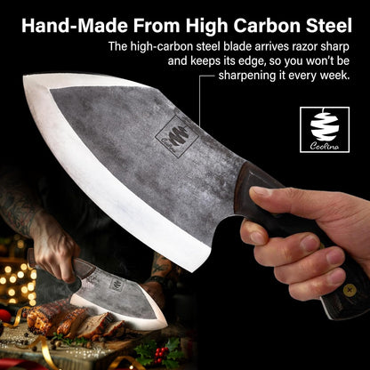 COOLINA Daozi 8" Butcher Knife, Hand-Forged High-Carbon Steel Cleaver for Heavy-Duty Meat Cutting, Slicing, Chopping, Brisket & BBQ, Full-Tang Forged Blade with Ergonomic Wood Handle