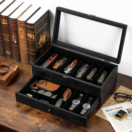 Knife Display Case, 3-Layer Pocket Knife Case Display & Storage Knives, Solid Wood Knife Case for Collections, Gift for Boyfriend Fathers Day Birthday Gifts(Black)