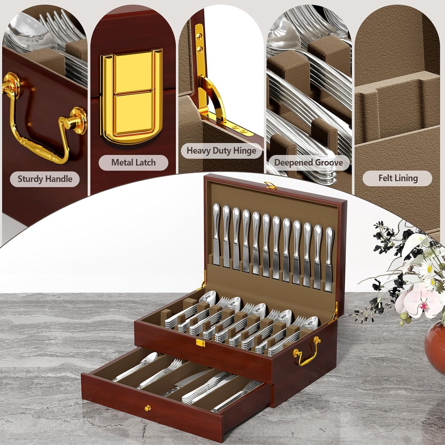 Solid Walnut Silverware Storage Box, 2-Layer Silverware Chest with Drawer, Flatware Case with Lid and Felt Lined, Wood Flatware Storage Box Holds 12-16 Sets of Utensils, Wedding Housewarming Gifts
