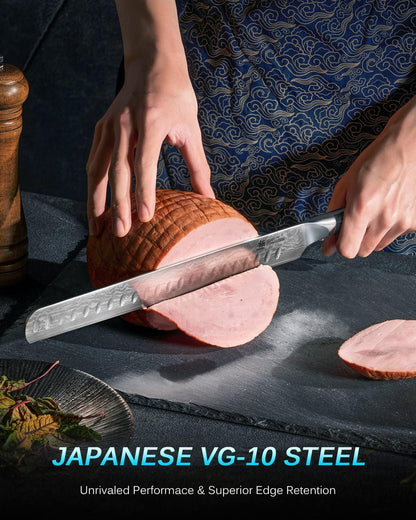 KYOKU Gin Series 12" Brisket Slicing Knife, Meat Carving Knife with Silver PVD Coating Mosaic Pin Handle for Professional Chef & Home Cook, Japanese Style VG10 Steel Slicer for Meat Fruit Vegetables