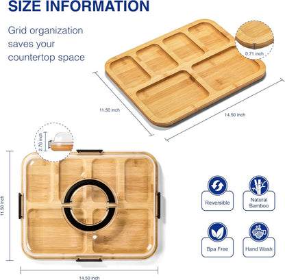 Charcuterie Board with Clear Lid, Portable 6-Compartment Cheese & Snack Tray, Reversible Bamboo Cutting Board, Secure Latch Closure for Picnics, Parties & Light Travel, Housewarming Gift