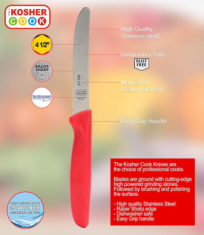 The Kosher Cook Parve Green Kitchen Knife – 4.5” Steak and Vegetable Knife - Razor Sharp Curved Tip, Straight Edge - Color Coded Kitchen Tools