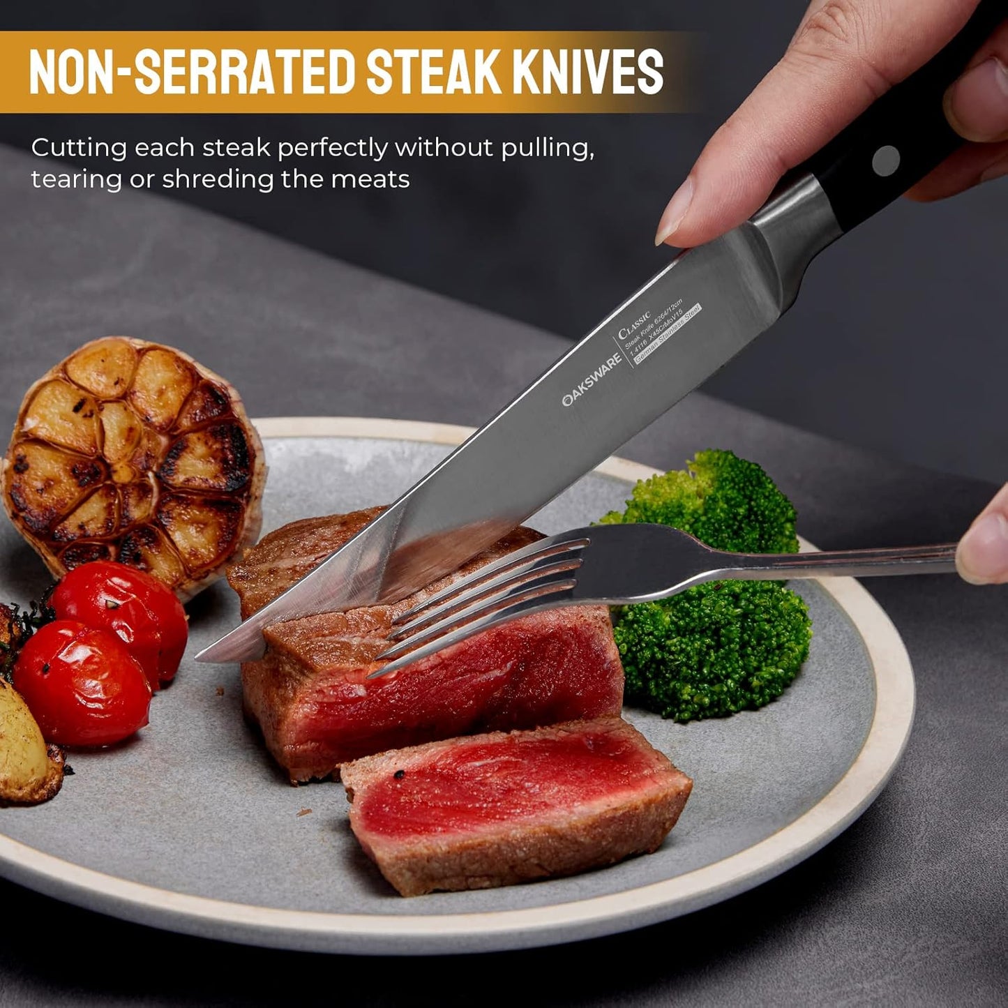 Steak Knives Set of 8, 5 Inch Non Serrated Steak Knife with Walnut Block, Razor-Sharp German Stainless Steel Dinner Knives, Durable Full Tang Forged Straight Edge Meat Knife for Home Dining&Gift