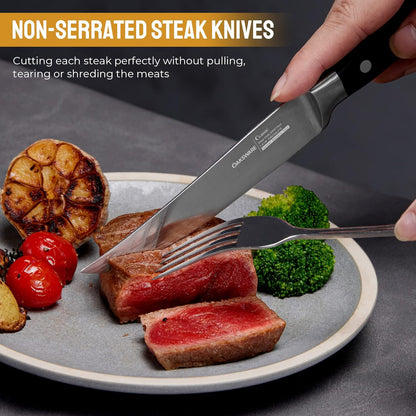 Steak Knives Set of 8, 5 Inch Non Serrated Steak Knife with Walnut Block, Razor-Sharp German Stainless Steel Dinner Knives, Durable Full Tang Forged Straight Edge Meat Knife for Home Dining&Gift