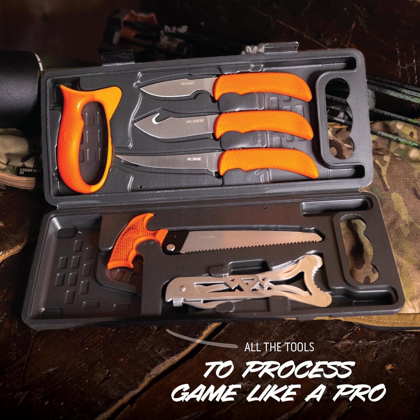 OUTDOOR EDGE Wild Roll Pack - 5-Piece Hunting Kit & Game Processing Set - Includes Gut Hook Skinning Knife, Caping Knife, Boning Blade & Two Stage Sharpener