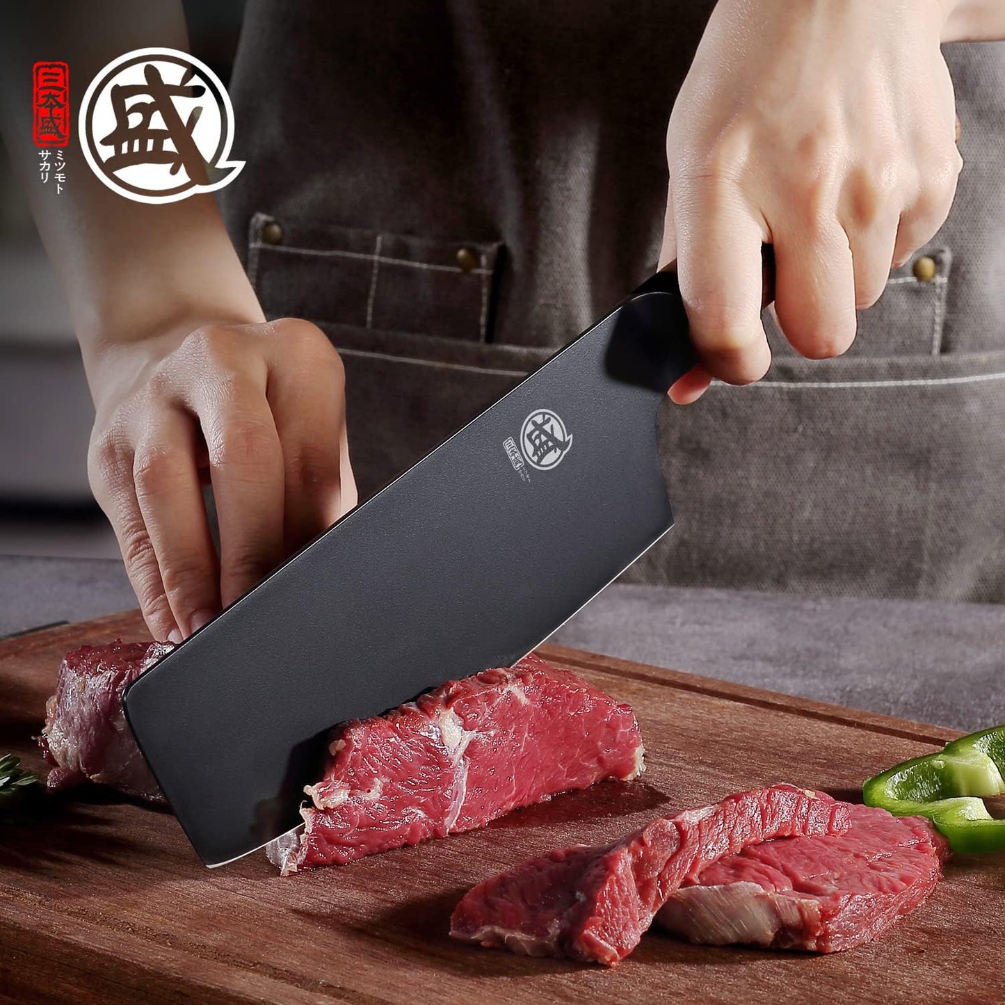 MITSUMOTO SAKARI 7 inch Japanese Chef Knife, Professional Black Titanium Coated Santoku Chef's Knife, German Premium Alloy Steel Meat Sushi Kitchen Knives (Walnut Handle)