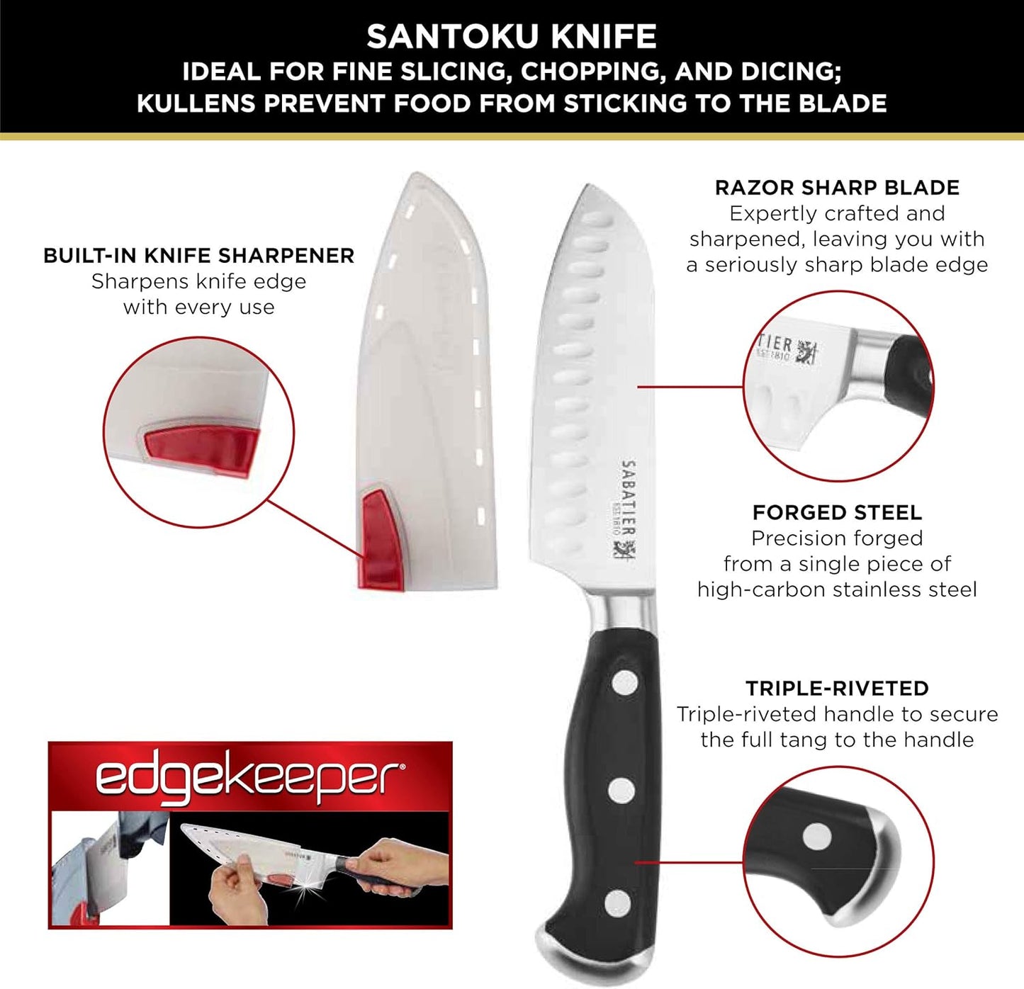 Sabatier Forged Stainless Steel Chef Knife with Edgekeeper Self-Sharpening Blade Cover, High-Carbon Stainless Steel Kitchen Knife, Razor-Sharp Knife to Cut Fruit, Vegetables and more, 8-Inch, Black