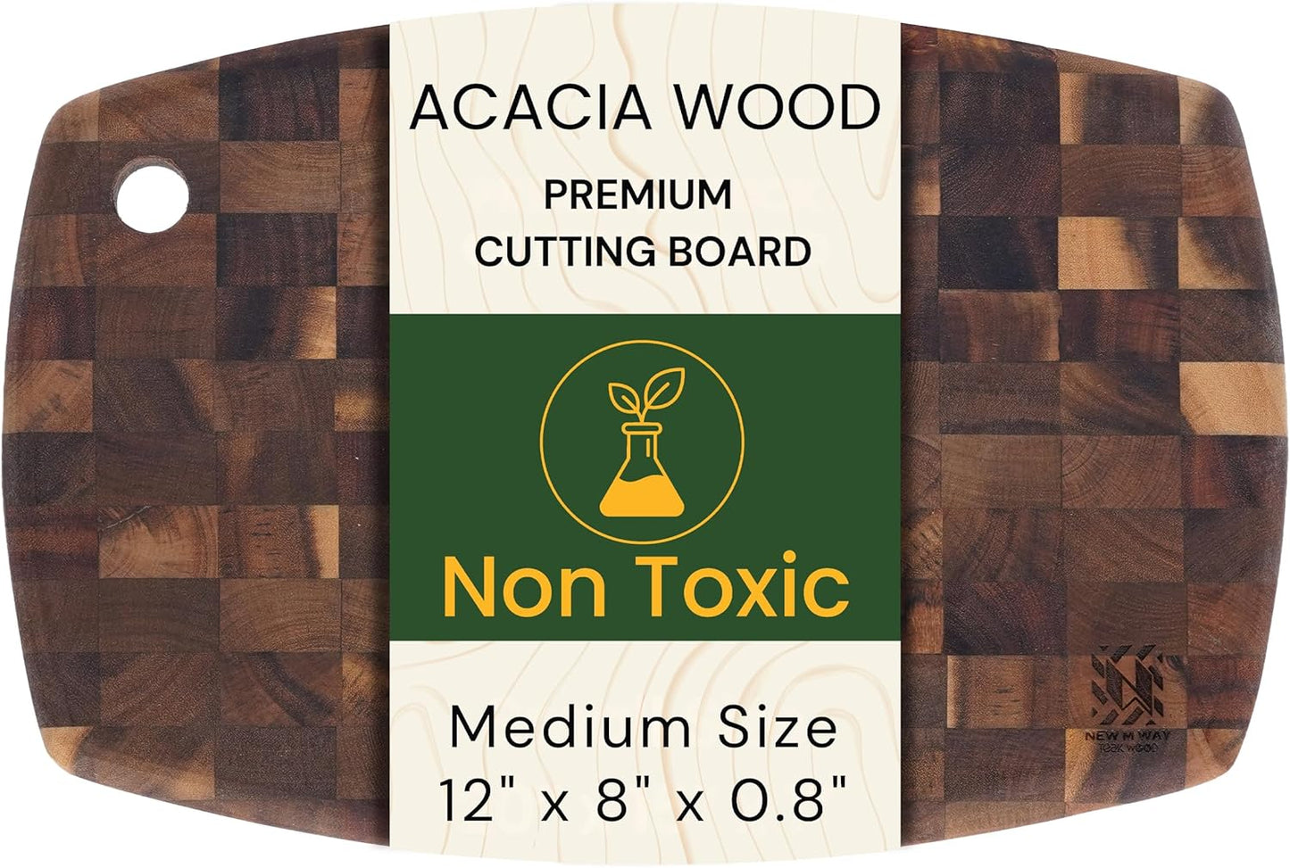 End Grain Acacia Wood Cutting Board 14" x 10" x 0.8" with Hanging Hole, Thick & Durable Butcher Block for Meat, Cheese, Fruit & Kitchen Prep – Knife Friendly, Non-Toxic, Plastic-Free by New M Way