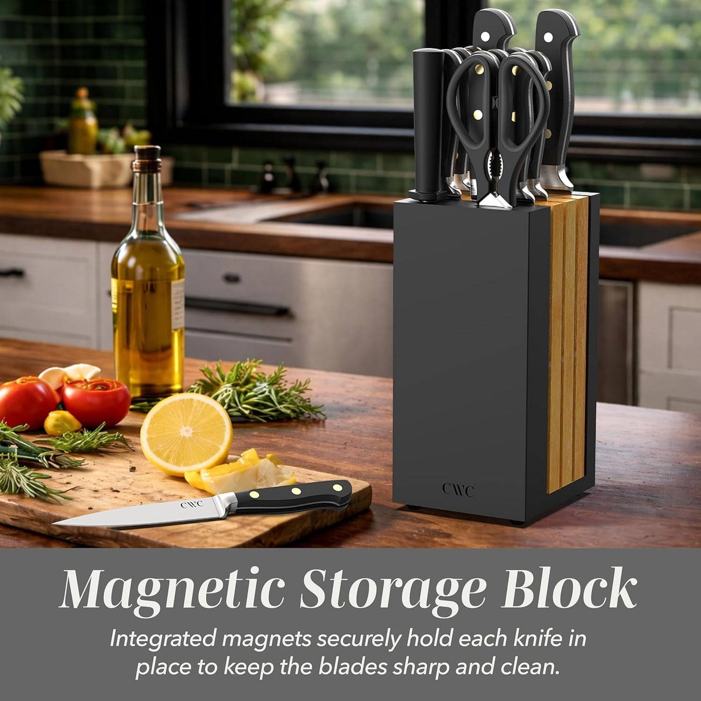 COOK WITH COLOR 14 Pieces Kitchen Knife Block Set, Knives for Kitchen, Forged Cutlery with Razor-Sharp High Carbon Steel Blades, Magnetic Block